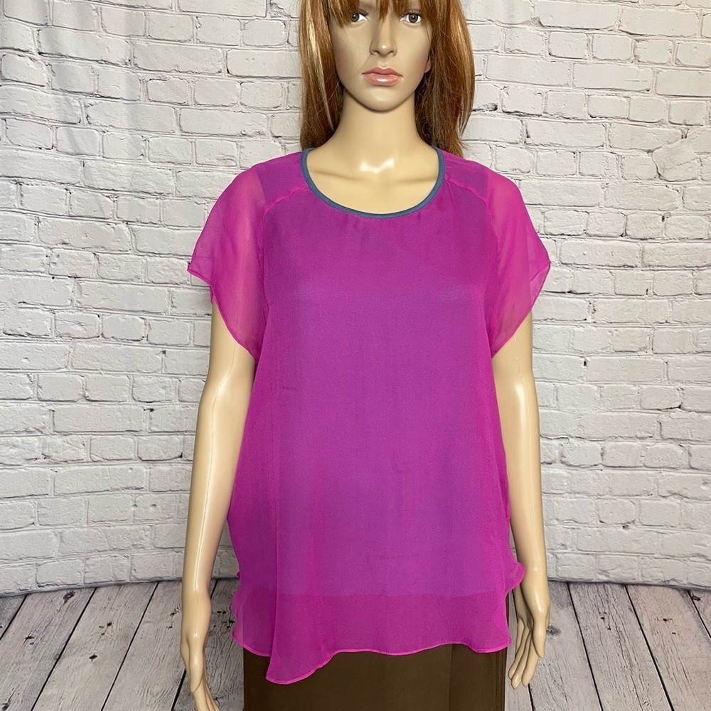 Drew Silk Layered Pink Blue Short Sleeve Top Size M